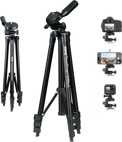 Sunpak TravelSmart 50 Black 50-Inch Aluminum Travel Tripod with Carry Bag | Compact travel tripod collapses to 16.5". Supports up to 4.4 lbs. Works with compact cameras, smartphones & GoPros. in Saudi Arabia