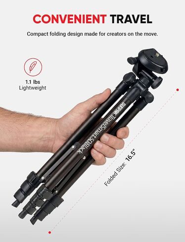 Sunpak TravelSmart 50 Black 50-Inch Aluminum Travel Tripod with Carry Bag | Compact travel tripod collapses to 16.5". Supports up to 4.4 lbs. Works with compact cameras, smartphones & GoPros. in Saudi Arabia