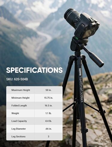 Sunpak TravelSmart 50 Black 50-Inch Aluminum Travel Tripod with Carry Bag | Compact travel tripod collapses to 16.5". Supports up to 4.4 lbs. Works with compact cameras, smartphones & GoPros. in Saudi Arabia