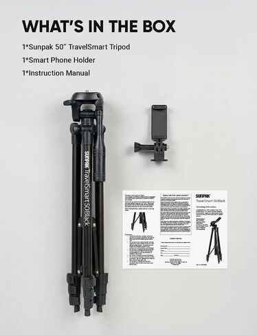 Sunpak TravelSmart 50 Black 50-Inch Aluminum Travel Tripod with Carry Bag | Compact travel tripod collapses to 16.5". Supports up to 4.4 lbs. Works with compact cameras, smartphones & GoPros. in Saudi Arabia
