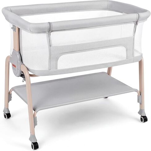 Cowiewie Bassinet Bedside Sleeper, Lightweight Portable Crib, Light Grey | 0-5 Months Baby Infant Up to 33 lb Co-Sleeping, Height Adjustable, Breathable Crib & Mattress, Wheeled, Storage, Easy Setup in Saudi Arabia
