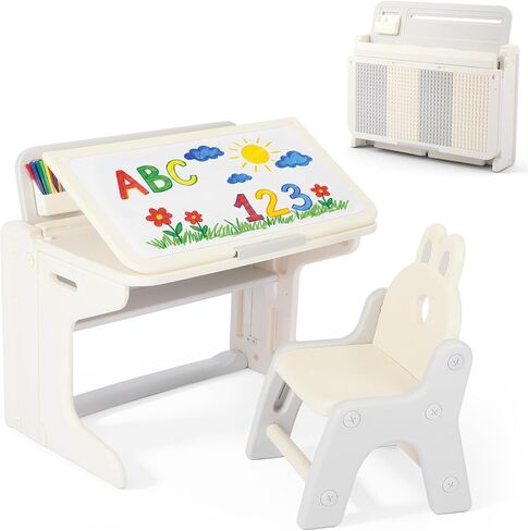 Kinder King Folding Kids Table & Chair Set, Tilt Tabletop, Beige | Graffiti & Building Blocks, Children Activity Table w/Book Stand, Toddler Furniture Set for Playroom, Daycare, Home, Age 3+ in Kuwait