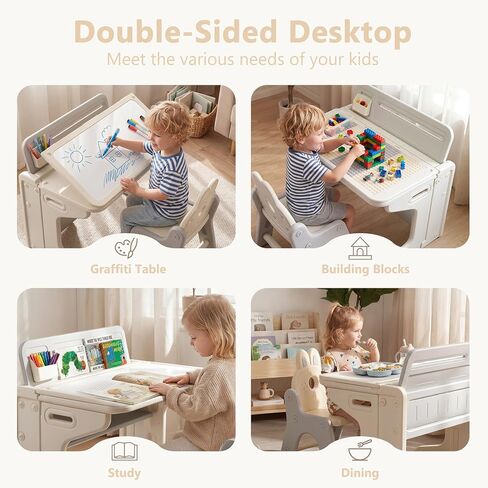 Kinder King Folding Kids Table & Chair Set, Tilt Tabletop, Beige | Graffiti & Building Blocks, Children Activity Table w/Book Stand, Toddler Furniture Set for Playroom, Daycare, Home, Age 3+ in Kuwait