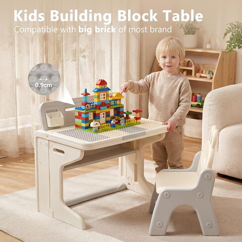 Kinder King Folding Kids Table & Chair Set, Tilt Tabletop, Beige | Graffiti & Building Blocks, Children Activity Table w/Book Stand, Toddler Furniture Set for Playroom, Daycare, Home, Age 3+ in Kuwait