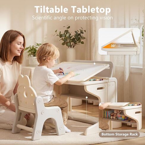 Kinder King Folding Kids Table & Chair Set, Tilt Tabletop, Beige | Graffiti & Building Blocks, Children Activity Table w/Book Stand, Toddler Furniture Set for Playroom, Daycare, Home, Age 3+ in Kuwait