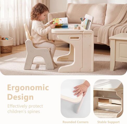 Kinder King Folding Kids Table & Chair Set, Tilt Tabletop, Beige | Graffiti & Building Blocks, Children Activity Table w/Book Stand, Toddler Furniture Set for Playroom, Daycare, Home, Age 3+ in Kuwait