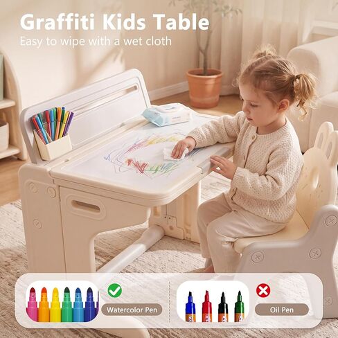 Kinder King Folding Kids Table & Chair Set, Tilt Tabletop, Beige | Graffiti & Building Blocks, Children Activity Table w/Book Stand, Toddler Furniture Set for Playroom, Daycare, Home, Age 3+ in Kuwait