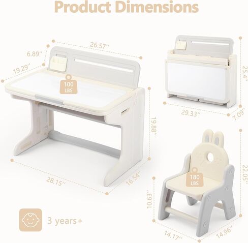 Kinder King Folding Kids Table & Chair Set, Tilt Tabletop, Beige | Graffiti & Building Blocks, Children Activity Table w/Book Stand, Toddler Furniture Set for Playroom, Daycare, Home, Age 3+ in Kuwait