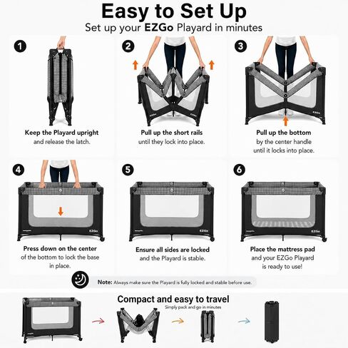 Dream On Me EZGo Portable Playard, Tool-Free Assembly, Easy One-Step Fold, Breathable Mesh Sides, Removable Mattress Pad & Smooth Locking Wheels, Travel Carry Bag Included – Black & White in Saudi Arabia
