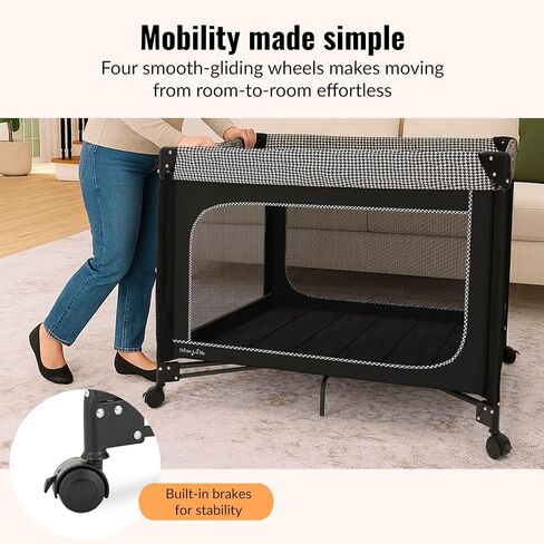 Dream On Me EZGo Portable Playard, Tool-Free Assembly, Easy One-Step Fold, Breathable Mesh Sides, Removable Mattress Pad & Smooth Locking Wheels, Travel Carry Bag Included – Black & White in Saudi Arabia