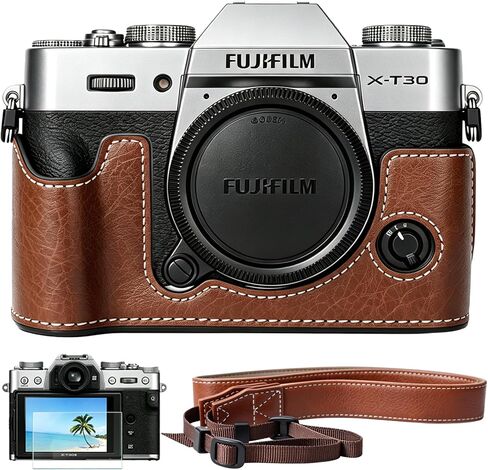 Carrying Case for FUJIFILM X-T30 III/X-T30 II/X-T30 Mirrorless Camera | Fujifilm X-T30 III/ X-T30 II Camera Half Leather Bag, Retro Style Camera Case (with Shoulder Strap, Screen Protector), Brown in Kuwait