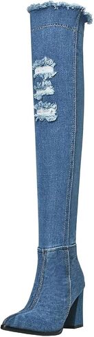 Agodor Women's Denim Thigh High Boots Cutout Over The Knee Blue Jean Boots in Kuwait
