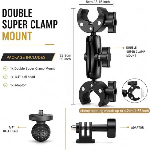 Double Super Clamp Mount 360° Adjustable Umbrella Tripod Mount | Camera Clamp for Photography Reflector Motorcycle Handlebar Umbrella Pole Holder Stand Bracket Flag Holder Light Stand Tripod in Saudi Arabia