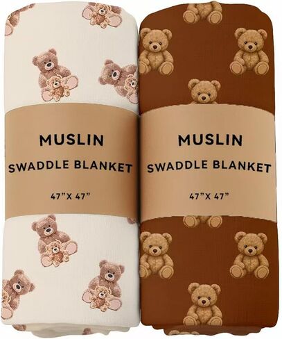 Baby Muslin Swaddle Blankets Bear 100% Cotton Breathable Receiving Blankets Soft and Large 47 x 47 Inches Newborn Essentials Gift for Baby Shower in Kuwait