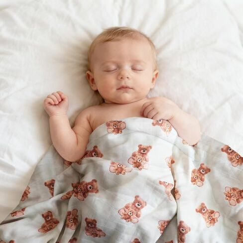 Baby Muslin Swaddle Blankets Bear 100% Cotton Breathable Receiving Blankets Soft and Large 47 x 47 Inches Newborn Essentials Gift for Baby Shower in Kuwait