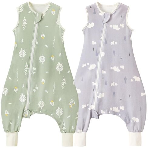 2 Pack Sleep Sack with Feet 0.5 TOG Cotton Foliage/Bear Size M | 100% Cotton soft toddler sleep sack with legs, side zipper & crotch snaps, cool summer comfort for 95-105cm, 2-4Y in Saudi Arabia