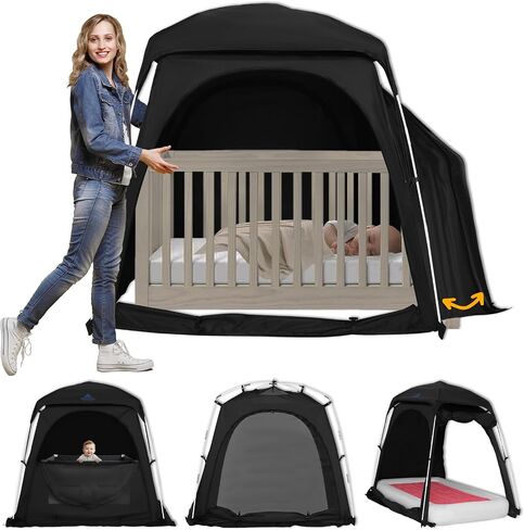 Blackout Crib Tent for Pack & Play, Toddler Travel Bed | Hush Shade for Silent Entry, 2 Tall Mesh Doors & Top Vent, Fan & Monitor Pockets, Extends to Twin Mattress in Saudi Arabia