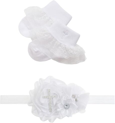 2pcs Baptism Headband & Socks for Baby Girl Christening Gifts, Cross White Baby Bow Headband with Newborn Baby Lace Socks for Girls, Baptism Dress Outfits Decorations & Photography Accessories ﻿ in Saudi Arabia