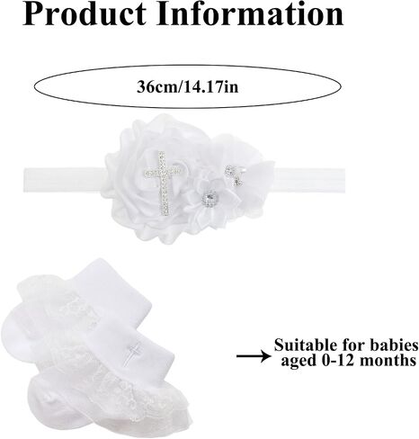 2pcs Baptism Headband & Socks for Baby Girl Christening Gifts, Cross White Baby Bow Headband with Newborn Baby Lace Socks for Girls, Baptism Dress Outfits Decorations & Photography Accessories ﻿ in Saudi Arabia
