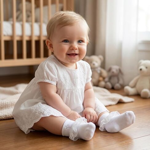2pcs Baptism Headband & Socks for Baby Girl Christening Gifts, Cross White Baby Bow Headband with Newborn Baby Lace Socks for Girls, Baptism Dress Outfits Decorations & Photography Accessories ﻿ in Saudi Arabia