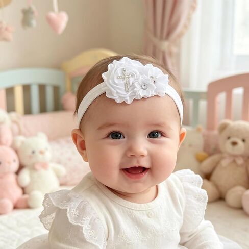 2pcs Baptism Headband & Socks for Baby Girl Christening Gifts, Cross White Baby Bow Headband with Newborn Baby Lace Socks for Girls, Baptism Dress Outfits Decorations & Photography Accessories ﻿ in Saudi Arabia