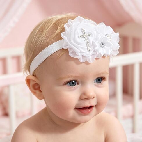 2pcs Baptism Headband & Socks for Baby Girl Christening Gifts, Cross White Baby Bow Headband with Newborn Baby Lace Socks for Girls, Baptism Dress Outfits Decorations & Photography Accessories ﻿ in Saudi Arabia