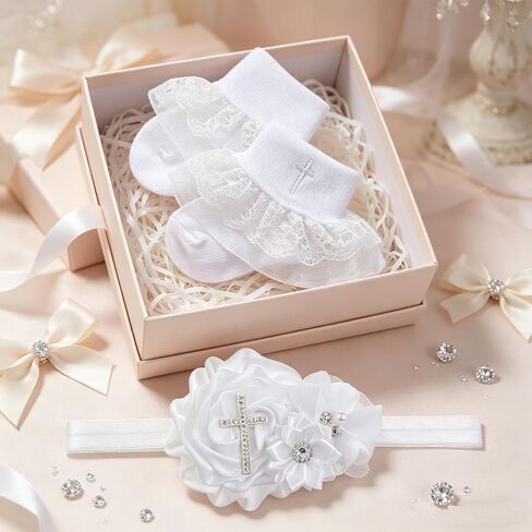 2pcs Baptism Headband & Socks for Baby Girl Christening Gifts, Cross White Baby Bow Headband with Newborn Baby Lace Socks for Girls, Baptism Dress Outfits Decorations & Photography Accessories ﻿ in Saudi Arabia