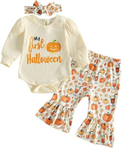 My First Halloween Baby Girl Outfit Pumpkin Romper Flare Pants Set | Long Sleeve,Cute Ghost/Pumpkin Embroidery,Newborn Bell Bottom Pants,Fall Newborn Girl Clothes,Great for Halloween Party in Kuwait