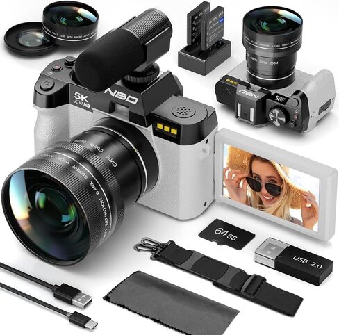 NBD 5K Digital Cameras for Photography - 16X Zoom Travel Camera with 180° Flip Screen, 64MP Vlogging Cameras Fotograficas for YouTube, Auto Focus, Macro Lens, 2 Batteries & 64GB TF Card（White） in Kuwait