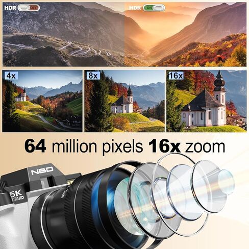 NBD 5K Digital Cameras for Photography - 16X Zoom Travel Camera with 180° Flip Screen, 64MP Vlogging Cameras Fotograficas for YouTube, Auto Focus, Macro Lens, 2 Batteries & 64GB TF Card（White） in Kuwait