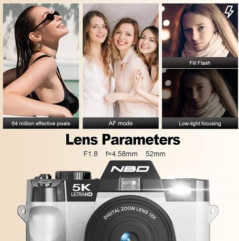 NBD 5K Digital Cameras for Photography - 16X Zoom Travel Camera with 180° Flip Screen, 64MP Vlogging Cameras Fotograficas for YouTube, Auto Focus, Macro Lens, 2 Batteries & 64GB TF Card（White） in Kuwait