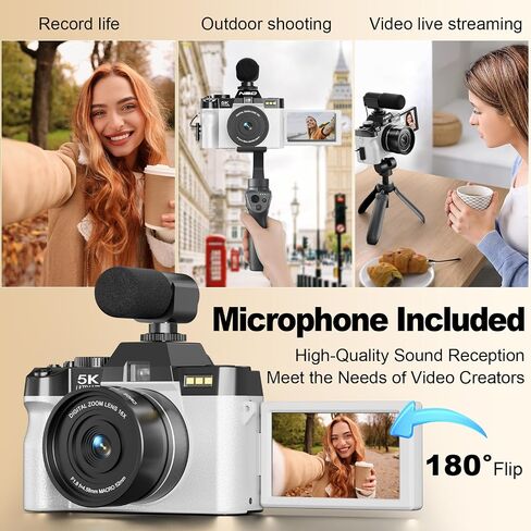 NBD 5K Digital Cameras for Photography - 16X Zoom Travel Camera with 180° Flip Screen, 64MP Vlogging Cameras Fotograficas for YouTube, Auto Focus, Macro Lens, 2 Batteries & 64GB TF Card（White） in Kuwait