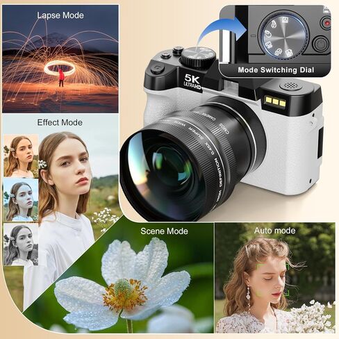 NBD 5K Digital Cameras for Photography - 16X Zoom Travel Camera with 180° Flip Screen, 64MP Vlogging Cameras Fotograficas for YouTube, Auto Focus, Macro Lens, 2 Batteries & 64GB TF Card（White） in Kuwait