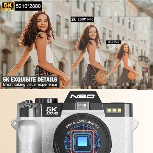 NBD 5K Digital Cameras for Photography - 16X Zoom Travel Camera with 180° Flip Screen, 64MP Vlogging Cameras Fotograficas for YouTube, Auto Focus, Macro Lens, 2 Batteries & 64GB TF Card（White） in Kuwait