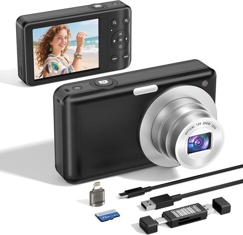 4K 64MP Digital Camera: 12X Optical Zoom Point and Shoot Camera Portable Compact Digicam with Autofocus, Anti-Shake & 64GB Card Pocket-Size for Vlogging Travel for Adults Teens Students in Saudi Arabia