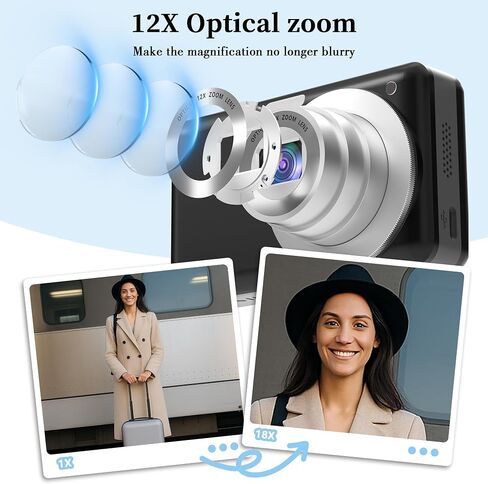 4K 64MP Digital Camera: 12X Optical Zoom Point and Shoot Camera Portable Compact Digicam with Autofocus, Anti-Shake & 64GB Card Pocket-Size for Vlogging Travel for Adults Teens Students in Saudi Arabia