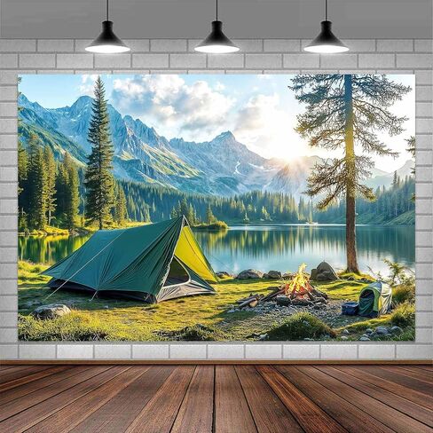 7x5ft Camping Backdrop, Mountain Lake Nature Scenery Photography Background with Tent Campfire, Large Vinyl Backdrop for Camping Theme Party, Birthday, Photo Booth, Wall Decor, Summer Camp Photoshoot in Kuwait