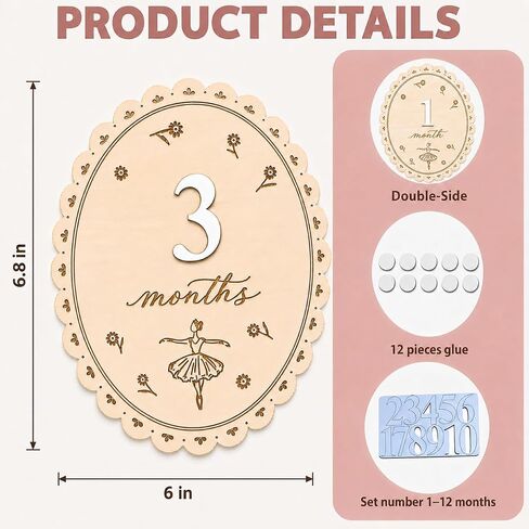 Baby Monthly Milestone Signs, Baby Monthly Milestone Girls, Wooden Double-Sided 1-12 Months Baby Signs with Changeable Numbers, Newborn Photography Props, Nursery Decor for Girls (QR8) in Saudi Arabia