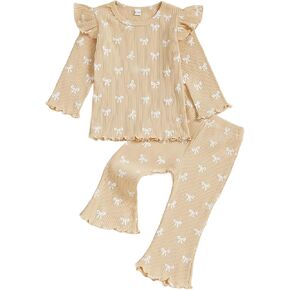 Toddler Baby Girl Fall Clothes Bow Print Ruffle Long Sleeve Round Neck Top Elastic Flare Pants Winter Outfit in Saudi Arabia