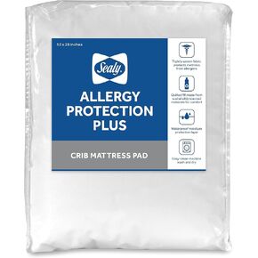 Sealy Baby Allergy Protection Plus Fitted Waterproof Infant Crib Mattress Protector Pad and Toddler Bed Cover, Durable & Comfortable Topper, Machine Washable and Dryer Friendly, 52" x 28"- White in Kuwait