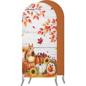 Thanksgiving Fall Wedding Arch Cover,Stretchy Spandex Arch Backdrop Stand Covers 4 FT,Squirrel Hedgehog Pumpkin Maple Grid Round Top Arched Backdrop Cover for Birthday Party Ceremony Baby Shower Event in Kuwait