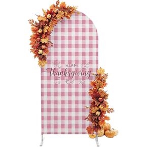 Wedding Arch Cover 6.6 FT, Happy Thanksgiving Stretch Chiara Backdrop Cover for Round Top Arch Stand, Pink Buffalo Plaid Gingham Pumpkin Reusable Party Decoration for Wedding Baby Shower Birthday in Saudi Arabia
