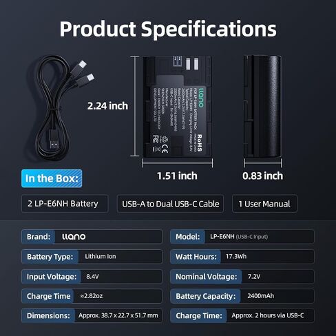 llano 2400mAh LP-E6NH Battery with USB-C Fast Charging for Canon EOS R5/R6/R7 Mark II, 5D/6D/7D Mark II/III/IV, 60D/70D/80D/90D - Fully decoded,Real Capacity,Replacement Batteries (2 Pack) in Kuwait