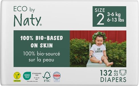 Eco by Naty Eco-Friendly Baby Diapers Newborn - 100% Plant-Based Materials on Skin, Extra Soft, for Sensitive Skin & Super Absorbent (Size 2, 132 Count) in Saudi Arabia