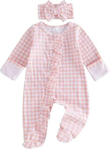 Newborn Baby Girl Fall Outfit Ruffle Zipper Up Plaid Footie Romper Footed Doll Collar Jumpsuit Cute Infant Clothes in Saudi Arabia
