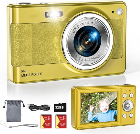 Upgrade Digital Camera, 56MP FHD 1080P Camera for Kids with 16x Zoom Anti Shake, Kid Camera with 32GB TF Card, Two Batteries, Lanyard, Compact Small Camera for Kids Boys Girls（Gold） in Saudi Arabia