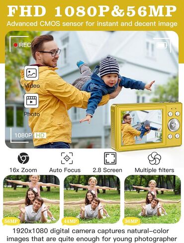 Upgrade Digital Camera, 56MP FHD 1080P Camera for Kids with 16x Zoom Anti Shake, Kid Camera with 32GB TF Card, Two Batteries, Lanyard, Compact Small Camera for Kids Boys Girls（Gold） in Saudi Arabia