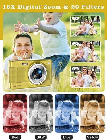 Upgrade Digital Camera, 56MP FHD 1080P Camera for Kids with 16x Zoom Anti Shake, Kid Camera with 32GB TF Card, Two Batteries, Lanyard, Compact Small Camera for Kids Boys Girls（Gold） in Saudi Arabia