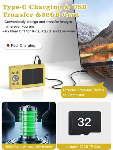 Upgrade Digital Camera, 56MP FHD 1080P Camera for Kids with 16x Zoom Anti Shake, Kid Camera with 32GB TF Card, Two Batteries, Lanyard, Compact Small Camera for Kids Boys Girls（Gold） in Saudi Arabia