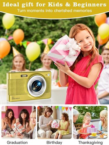 Upgrade Digital Camera, 56MP FHD 1080P Camera for Kids with 16x Zoom Anti Shake, Kid Camera with 32GB TF Card, Two Batteries, Lanyard, Compact Small Camera for Kids Boys Girls（Gold） in Saudi Arabia